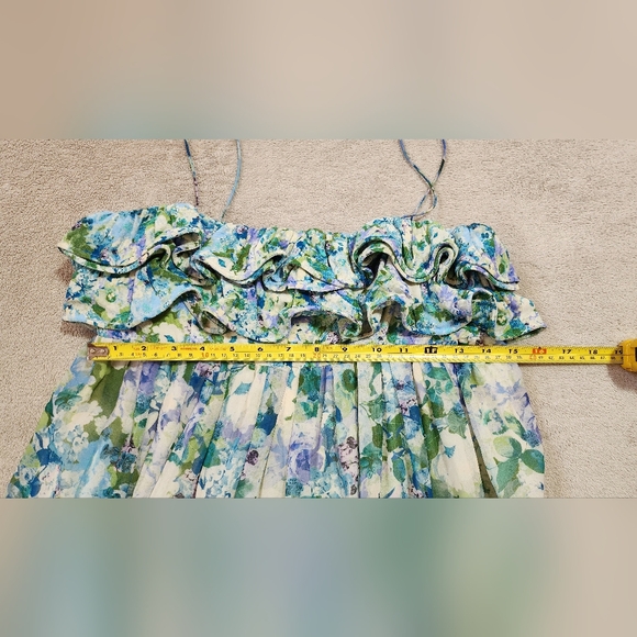 MANGO Mng Sky Blue Green Empire Floral Ruffled Maxi Midi Dress Size US 4 - Picture 8 of 10